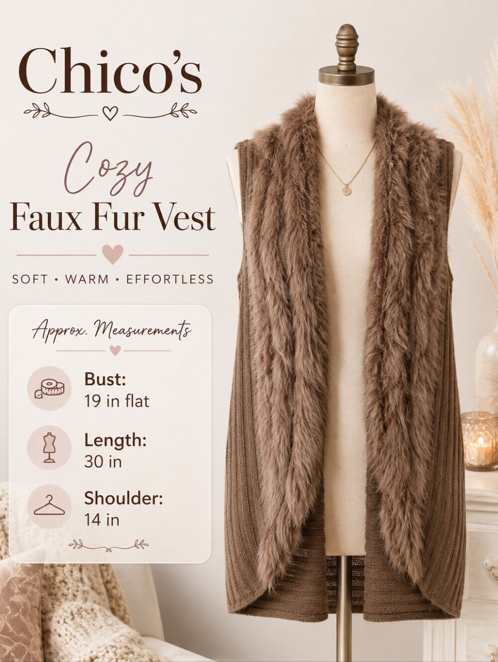 Chico's Taupe Faux Fur Trim Sweater Vest Women's Size 2